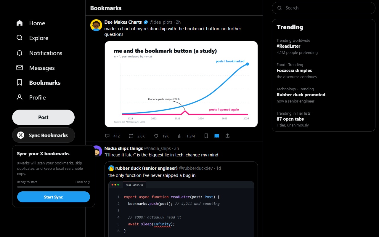 The Sync Bookmarks button under X’s Post button, with the sync panel open and a Start Sync button.
