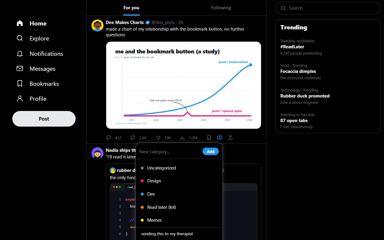 A post on the X timeline with the XMarks book button in its action bar and the category menu open below it.